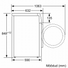 Bosch-pesukoneen tekninen piirros sivusta, mitat millimetreissä: korkeus 848 mm, leveys 590 mm, syvyys 632 mm, sekä luukun avautumissäde esitettynä.